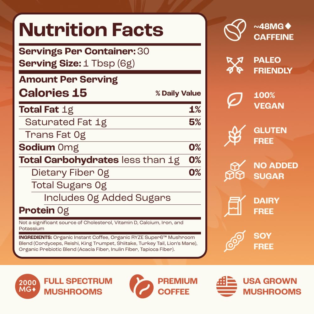 RYZE SUPERFOODS Mushroom Medium Roast Coffee, USDA Organic, 6 Adaptogenic Mushrooms, Lions Mane & Turkey Tail, USA Grown Instant Coffee, 30 Servings