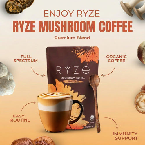 RYZE SUPERFOODS Mushroom Medium Roast Coffee, USDA Organic, 6 Adaptogenic Mushrooms, Lions Mane & Turkey Tail, USA Grown Instant Coffee, 30 Servings