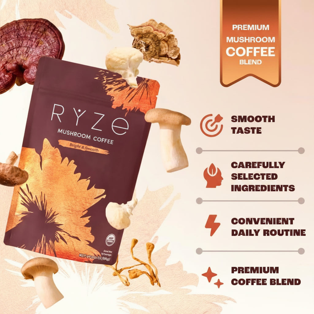 RYZE SUPERFOODS Mushroom Medium Roast Coffee, USDA Organic, 6 Adaptogenic Mushrooms, Lions Mane & Turkey Tail, USA Grown Instant Coffee, 30 Servings