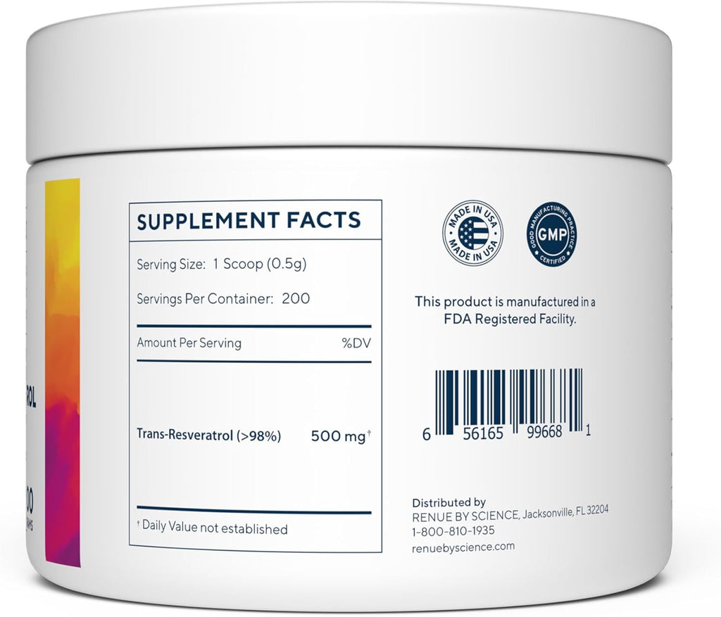 Renue By Science Trans-Resveratrol Powder 100g | High Purity Formula | Non-GMO | Allergen Free | Third-Party Tested | Made in USA