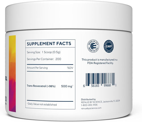 Renue By Science Trans-Resveratrol Powder 100g | High Purity Formula | Non-GMO | Allergen Free | Third-Party Tested | Made in USA